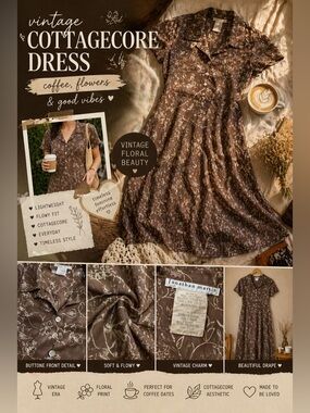 Jonathan Martin Brown Floral Button Front Midi Dress Cottagecore Vintage Style